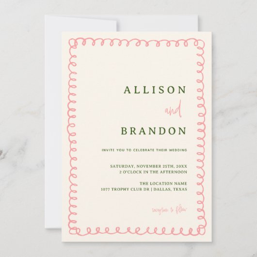 手書きピンクとグリーンのおもしろい結婚の写真 招待状 (正面)