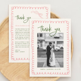 手書きピンクとグリーン結婚の写真 サンキューカード