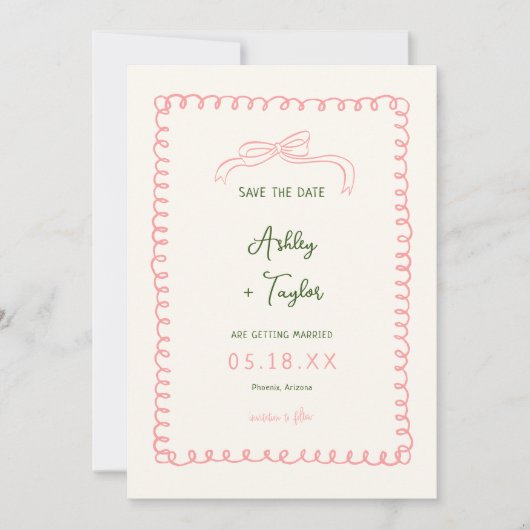 手書きピンクと緑のフランスのおもしろい結婚 セーブザデート (正面)