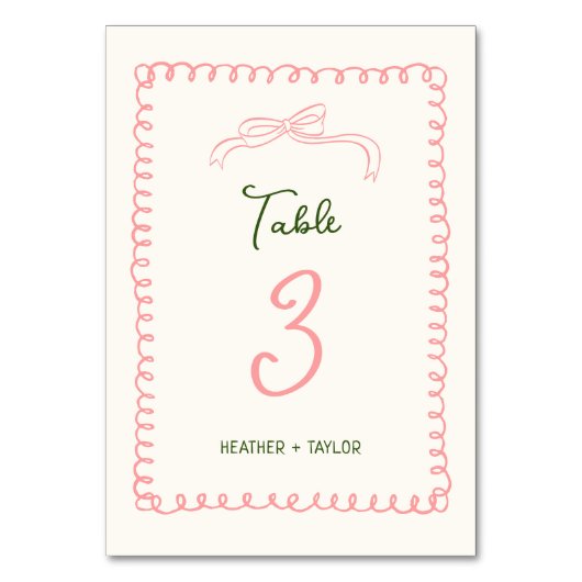 手書きピンクと緑のフランスのおもしろい結婚 テーブルナンバー (裏面)