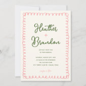 手書きピンクと緑カラフルの結婚色 招待状 (正面)