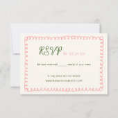 手書きピンクグリーンフランスのおもしろい結婚ズ 出欠カード (正面)