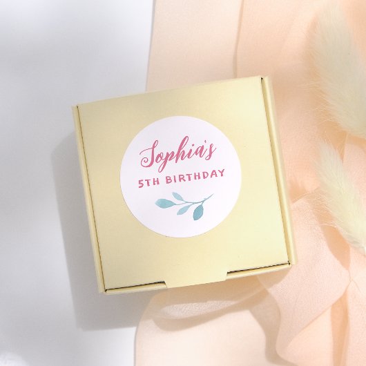 手書きピンクフェアリー葉ズ女子誕生日パーティー ラウンドシール