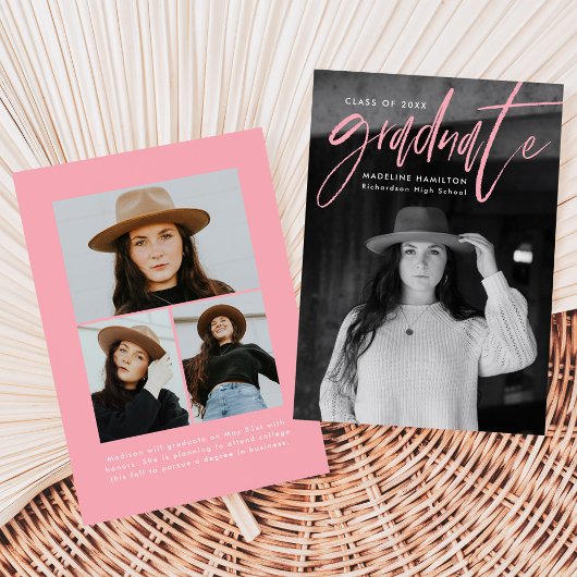 手書きピンクブラシスクリプト4写真卒業 案内状