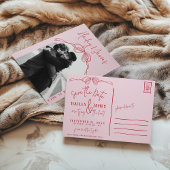 手書きピンクボウ写真ウェディング日付を保存 ポストカード