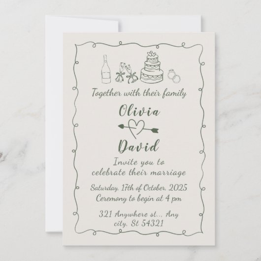 手書きファンキースケッチ結婚手書き 招待状 (正面)