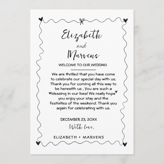 手書きファンキー結婚式の日のイベントタイムライン プログラム (正面)