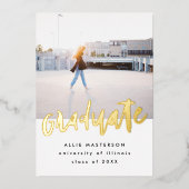 手書きフォントの写真付きゴールド卒業発表 箔招待状 (正面)