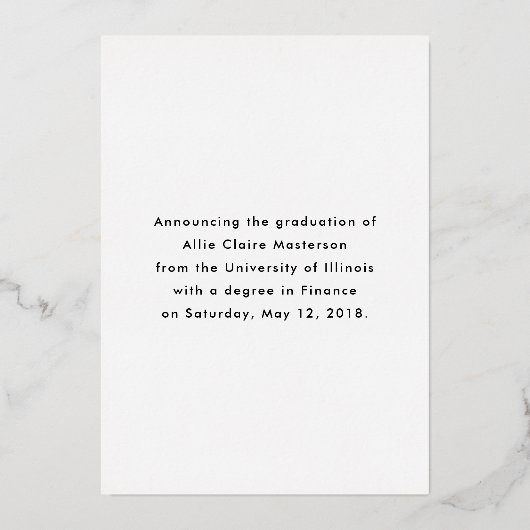 手書きフォントの写真付きゴールド卒業発表 箔招待状 (裏面)