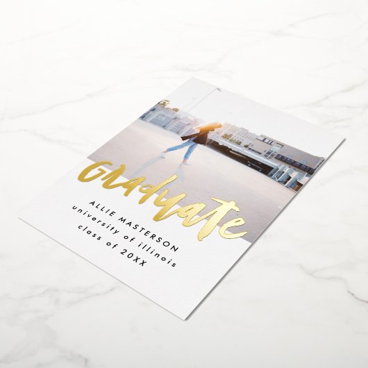 手書きフォント写真 ゴールド卒業おめでとう 箔招待状 (回転した状態)