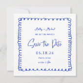 手書きフランスのスクエア結婚ブルー セーブザデート (正面)