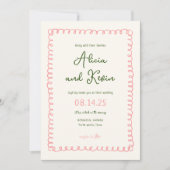 手書きフランスのピンクと緑結婚色 招待状 (正面)