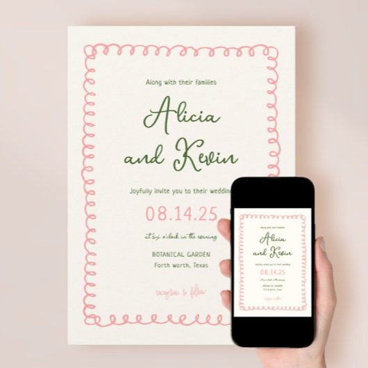 手書きフランスのピンクと緑結婚色 招待状