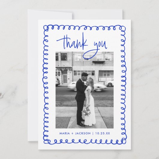手書きフランスのブルー結婚の写真 サンキューカード (正面)