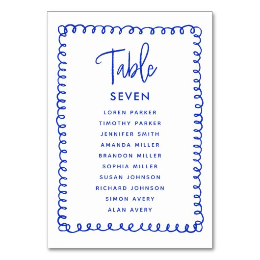 手書きフランスの青結婚の座席表 テーブルナンバー (正面)