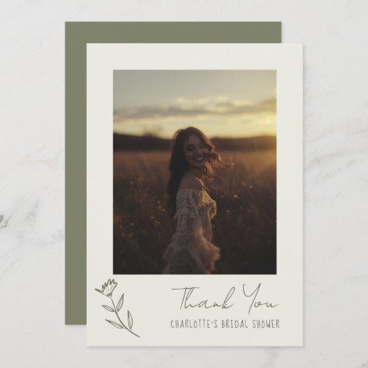 手書きフローラグリーンお洒落ブライダルシャワー サンキューカード (正面/裏面)