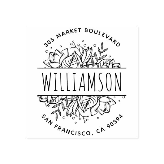 手書きフローラフレームのラウンド名差出人住所 ラバースタンプ (インプリント)