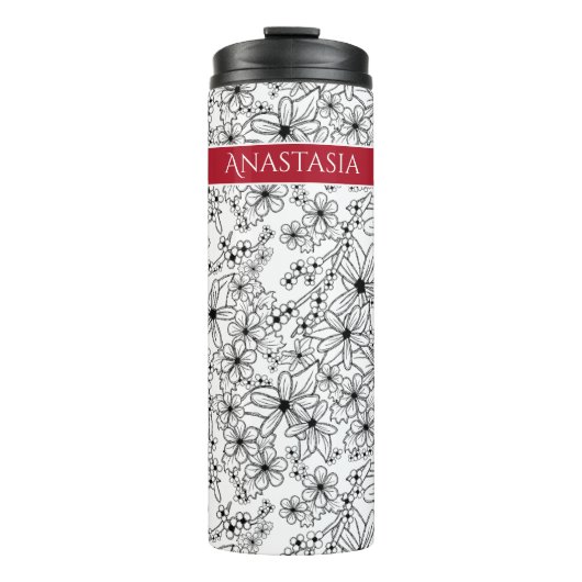 手書きフローラホワイトブラックパターンと赤の名前 タンブラー (正面)