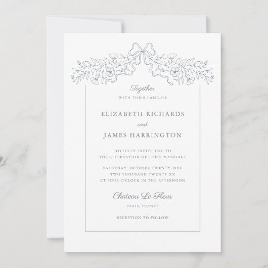 手書きフローラボウフレームグレイ結婚ズ 招待状 (正面)