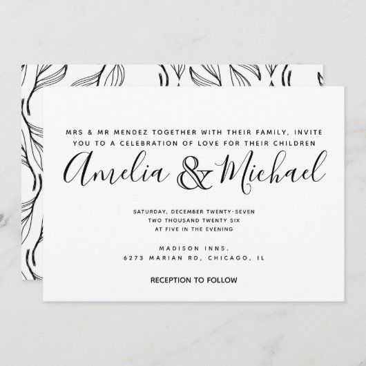 手書きフローラ緑白葉結婚の 招待状 (正面/裏面)