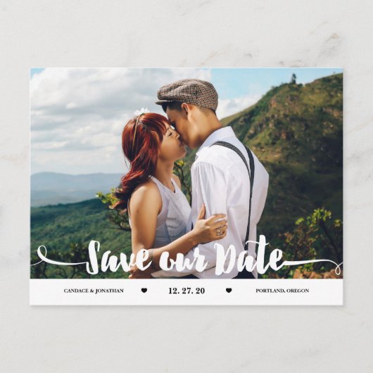 手書きブラシスクリプト写真の日付の保存 案内ポストカード (正面)