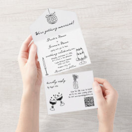 手書きブラックイラストドードル結婚ズ オールインワン招待状
