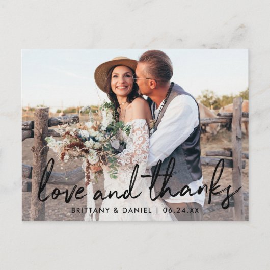 手書きブラックスクリプトの愛と感謝のウェディング ポストカード (正面)