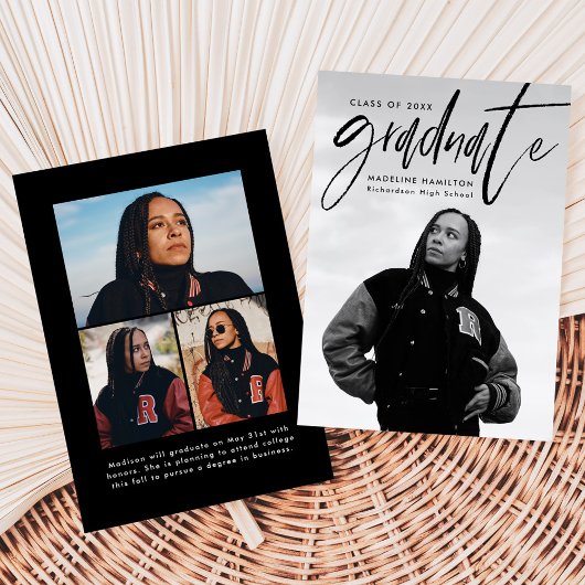 手書きブラックブラシスクリプト4写真卒業 案内状