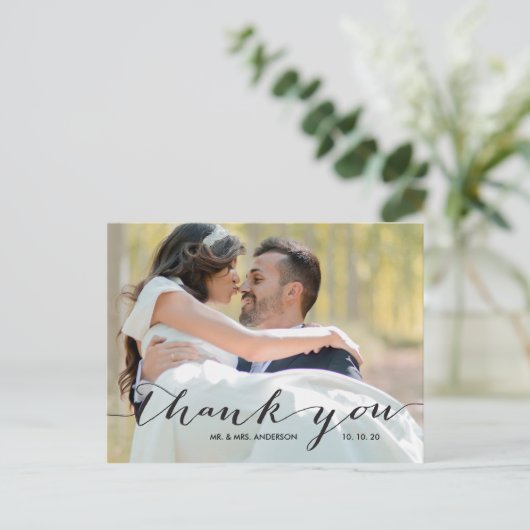 手書きブラック2写真結婚ありがとう ポストカード (スタンド正面)
