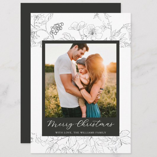 手書きブラック&ホワイトフローラメリークリスマス シーズンカード