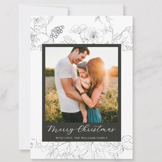 手書きブラック&ホワイトフローラメリークリスマス シーズンカード