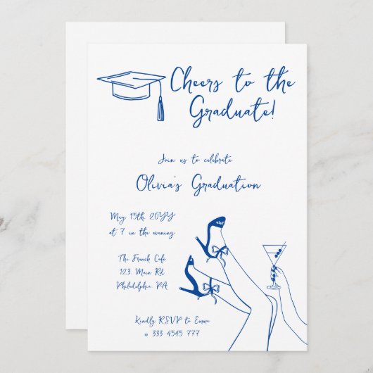 手書きブルーの卒業式パーティーの招待状 招待状 (正面/裏面)