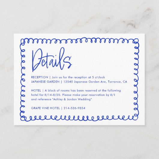 手書きブルーフランスのレトロ結婚の詳細 エンクロージャーカード (正面)