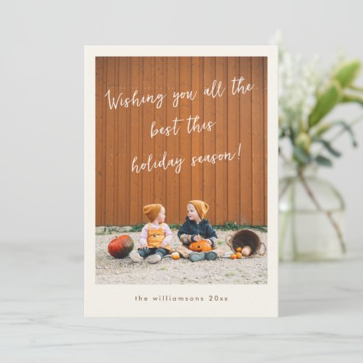 手書きホワイトオーバーレイ垂直方向フォトクリスマス シーズンカード (スタンド正面)