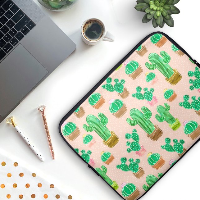 手書きポットサボパターン ラップトップスリーブ (Cactus Pattern Laptop Case)