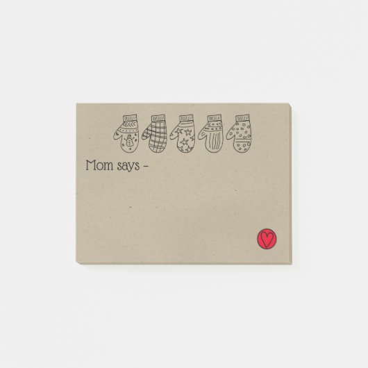 手書きミトンとハートをメモ ポストイット (正面)