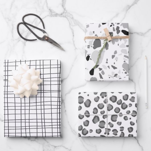 手書きミニマリストブラック&ホワイトバラエティーパック ラッピングペーパーシート (正面)