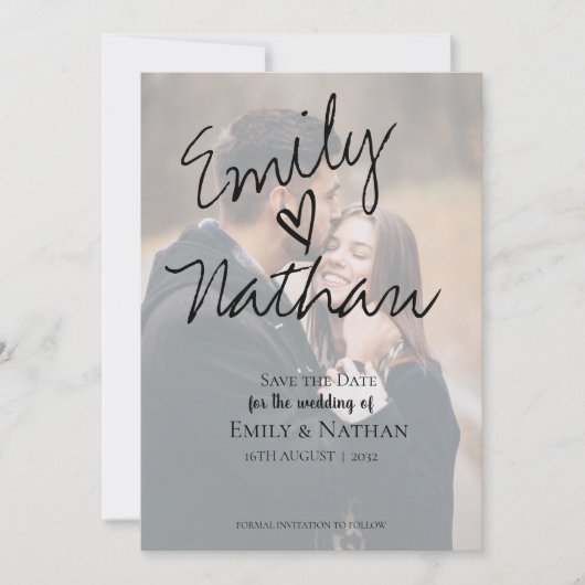 手書きモダンのスクリプトの写真Date Cardを保存 セーブザデート (正面)