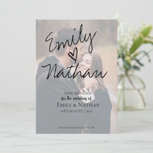 手書きモダンのスクリプトの写真Date Cardを保存 セーブザデート (スタンド正面)