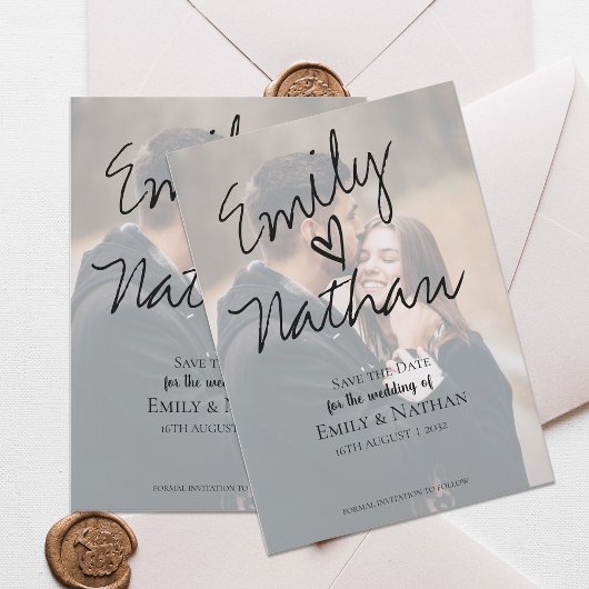 手書きモダンのスクリプトの写真Date Cardを保存 セーブザデート