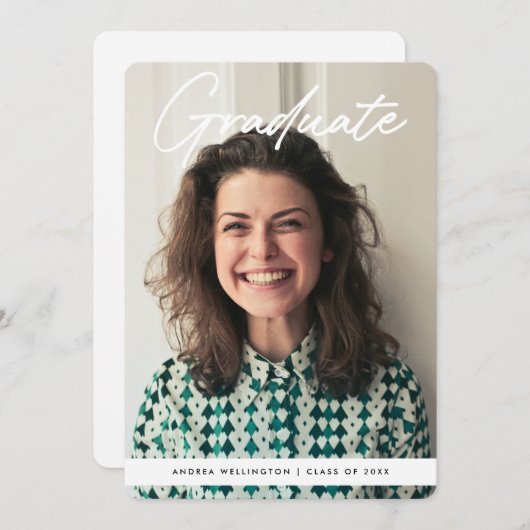 手書きモダンのスクリプト写真の卒業 案内状 (正面/裏面)