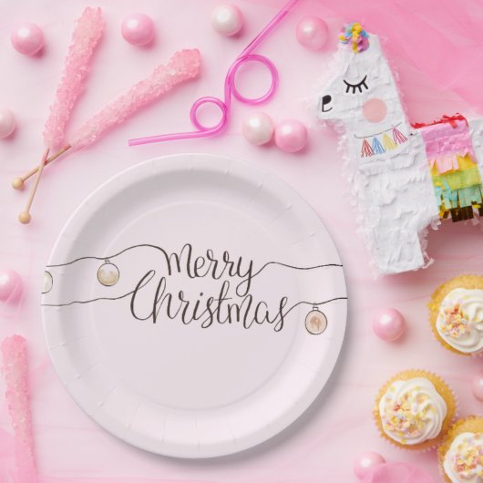 手書きモダンのメリークリスマスの光の文字列 ペーパープレート (パーティー)