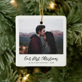 手書きモダンの初めてのクリスマス写真 セラミックオーナメント