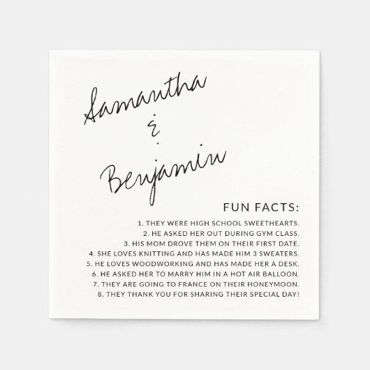 手書きモダンの白黒おもしろいファクト結婚ー スタンダードカクテルナプキン (正面)