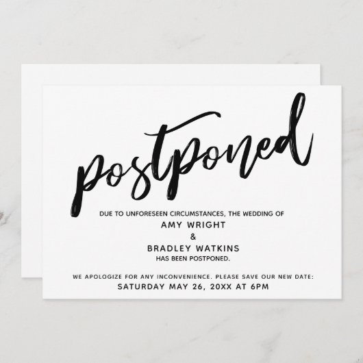 手書きモダンの結婚カードが延期された 招待状 (正面/裏面)