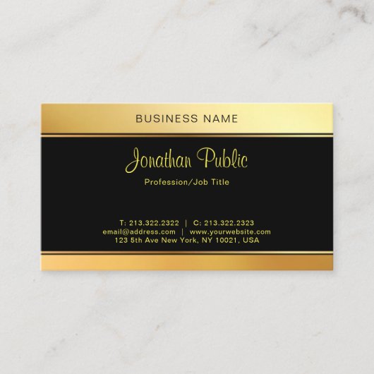 手書きモダンの黒エレガントい金ゴールドテンプレート 名刺 (正面)