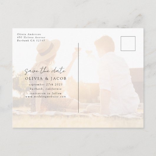 手書きモダンの6写真結婚式の日付を保存 案内ポストカード (裏面)