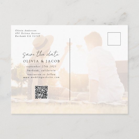 手書きモダンの6写真結婚式の日付を保存 案内ポストカード (裏面)