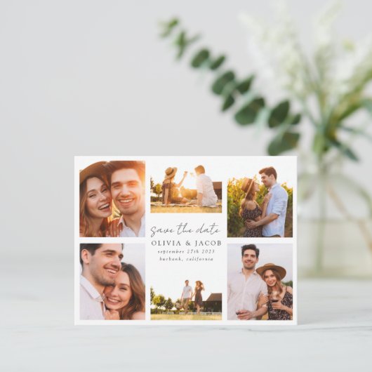 手書きモダンの6写真結婚式の日付を保存 案内ポストカード (スタンド正面)