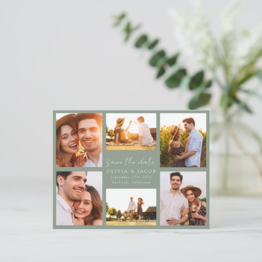 手書きモダンの6写真結婚式の日付を保存 案内ポストカード (スタンド正面)
